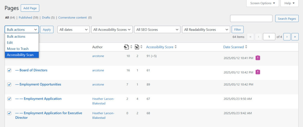 Screenshot of Insi WordPress integration showing bulk scanning from the page list.