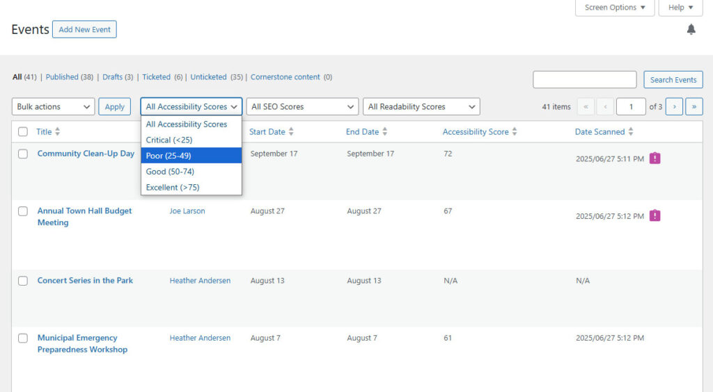 Screenshot of Insi integrated into events area of WordPress.