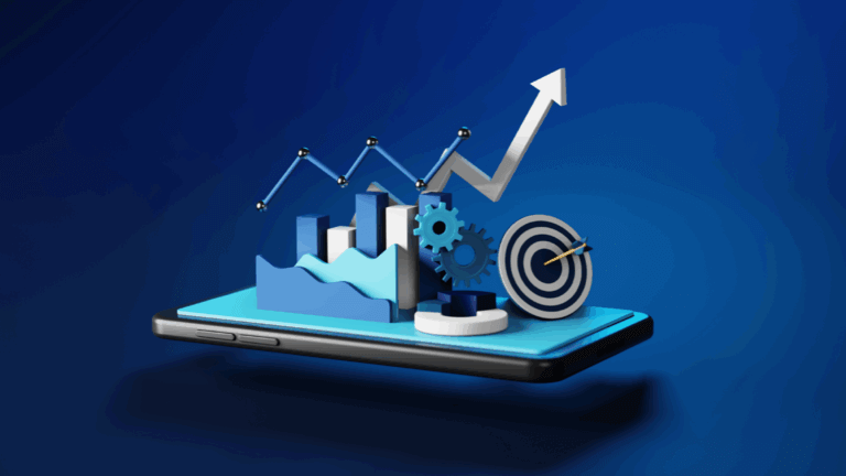 Abstract 3D art of mobile phone with graphs and gears.