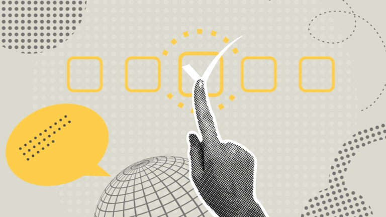 Abstract design of a globe with a hand checking off a box.