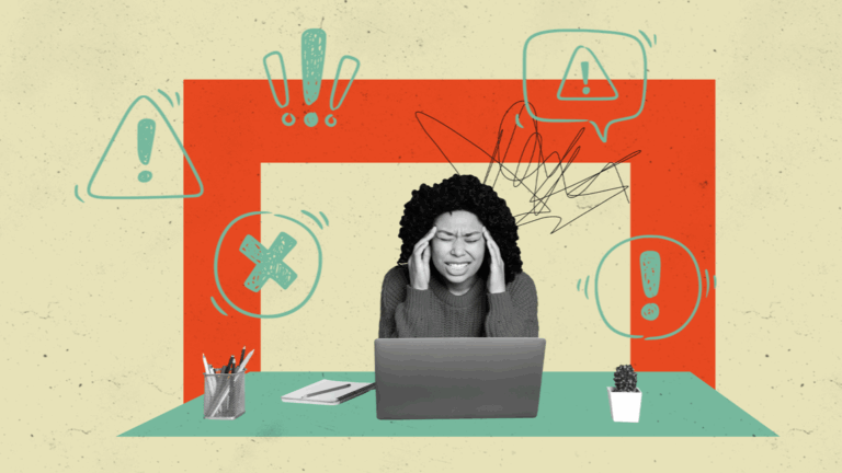 Frustrated woman using a laptop surrounded by error messages.