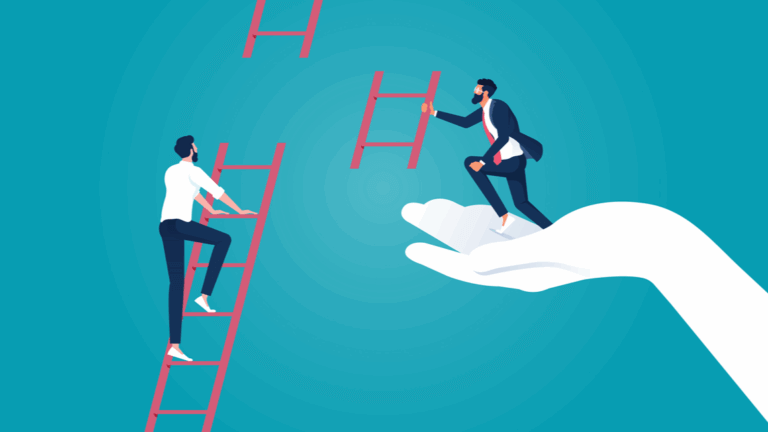 A person climbing a ladder with a piece missing and a hand offering the missing ladder piece.