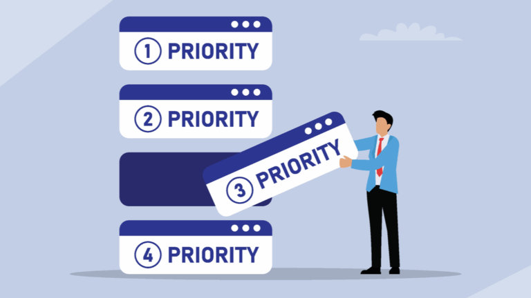 Illustration of a businessman selecting Priority 3 from a stack of four priority-labeled browser windows.