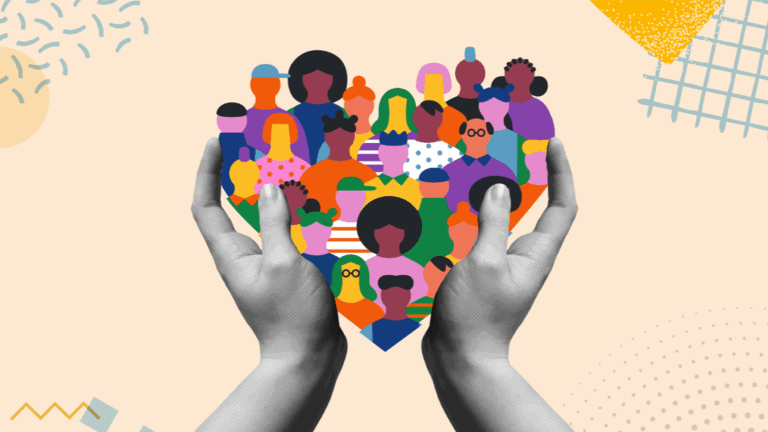 Illustration of human hands holding a diverse group of people forming a heart shape.