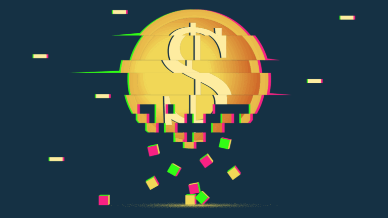 Illustration of a large coin breaking into blocks and dissolving.