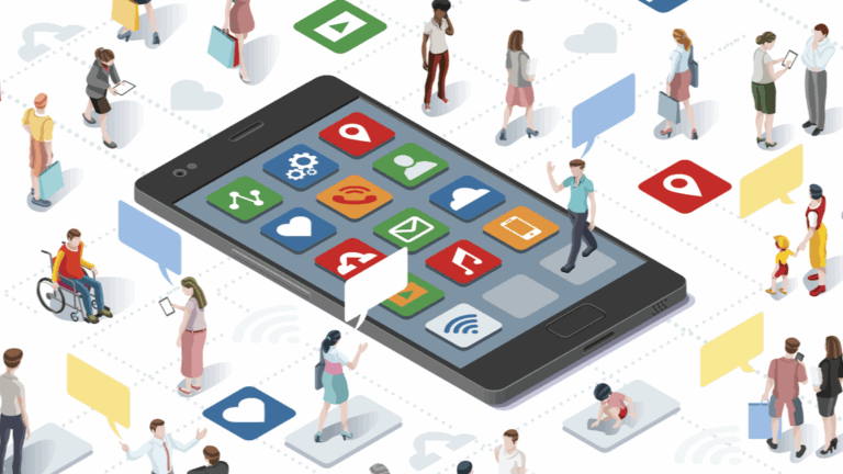 An illustration of a large phone on the ground with many small people interacting with social media apps.