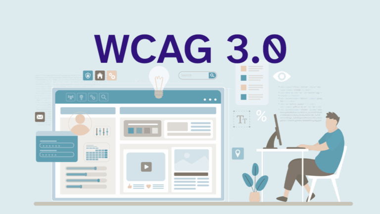Illustration of WCAG 3.0 accessibility guidelines with a person working at a computer surrounded by web interface elements.