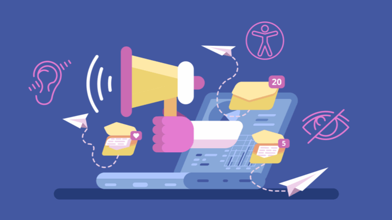 Email marketing illustration with accessibility symbols for hearing, vision, and universal access.