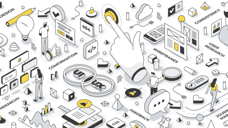 Isometric illustration of UX design elements including wireframes, devices, magnifying glass, and user figures in black, white, and yellow.