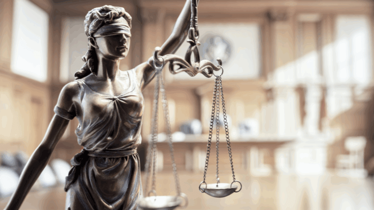 Statue of Lady Justice holding scales in a courtroom.