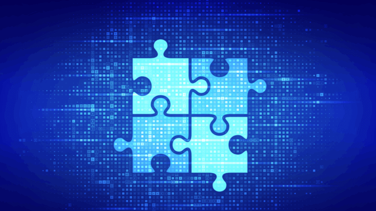 Illustration of puzzle pieces coming together with computer code in the background.