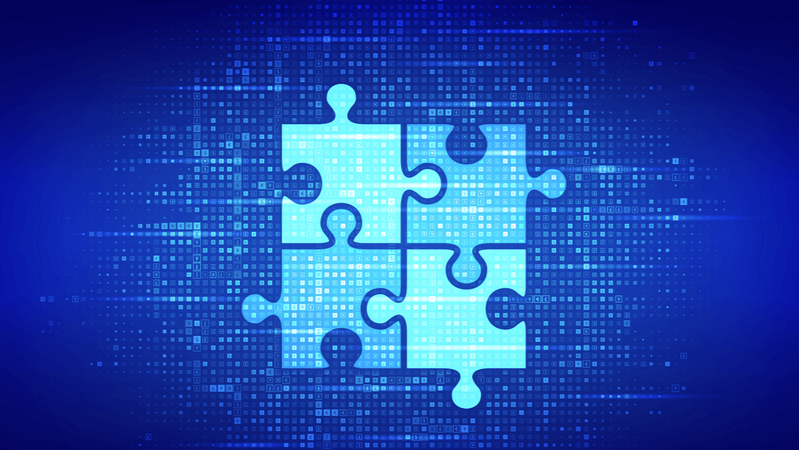 Illustration of puzzle pieces coming together with computer code in the background.