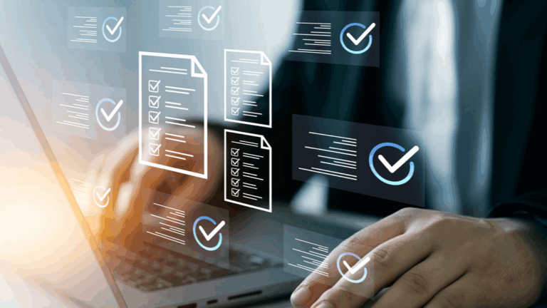 A person working at a laptop with virtual documents and checklists floating in front of the screen.