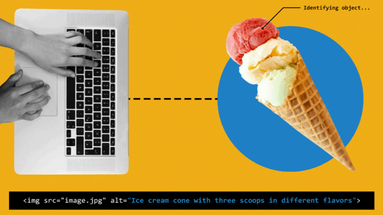 Hands typing on laptop connected by dotted line to ice cream cone, illustrating how accessible image descriptions help AI understand visual content.