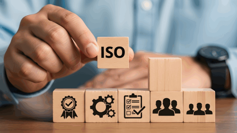 Hand placing wooden block labeled 'ISO' atop a row of blocks showing symbols including quality badge, gears, checklist, and people icons.
