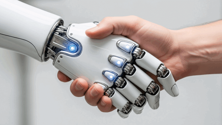 Closeup of a robot and human shaking hands.