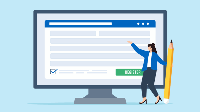 Illustration of a woman holding a huge pencil in front of a giant screen showing a web form.