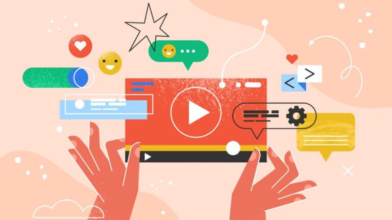 Illustration of website multimedia icons and hands using playback controls.