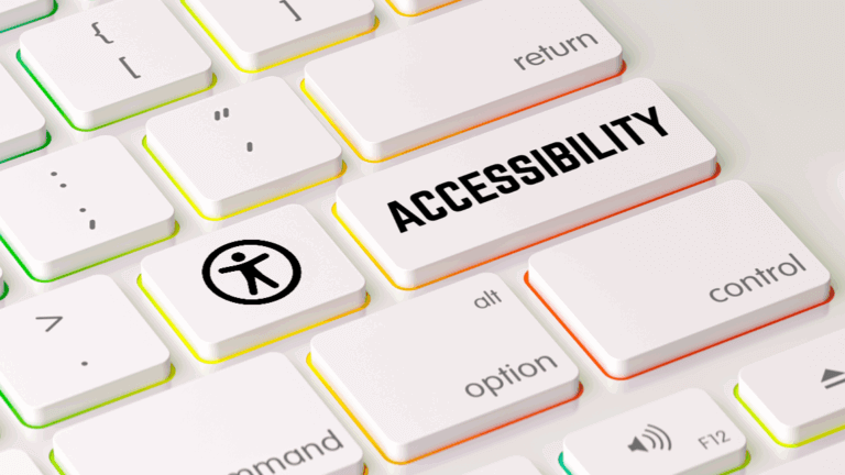 White keyboard with colorful accents featuring large ACCESSIBILITY key with universal access icon.