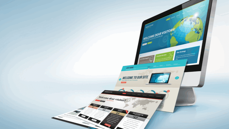 Three website layouts stacked in perspective view showing different WordPress theme designs.