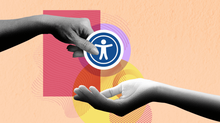 Hand passing accessibility icon symbol to another hand against colorful geometric background.