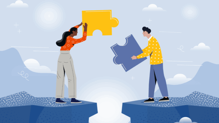 Two people connecting puzzle pieces across a gap.