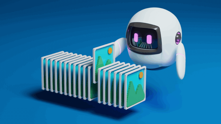 Robot analyzing rows of image thumbnails representing AI and automated accessibility scanning.