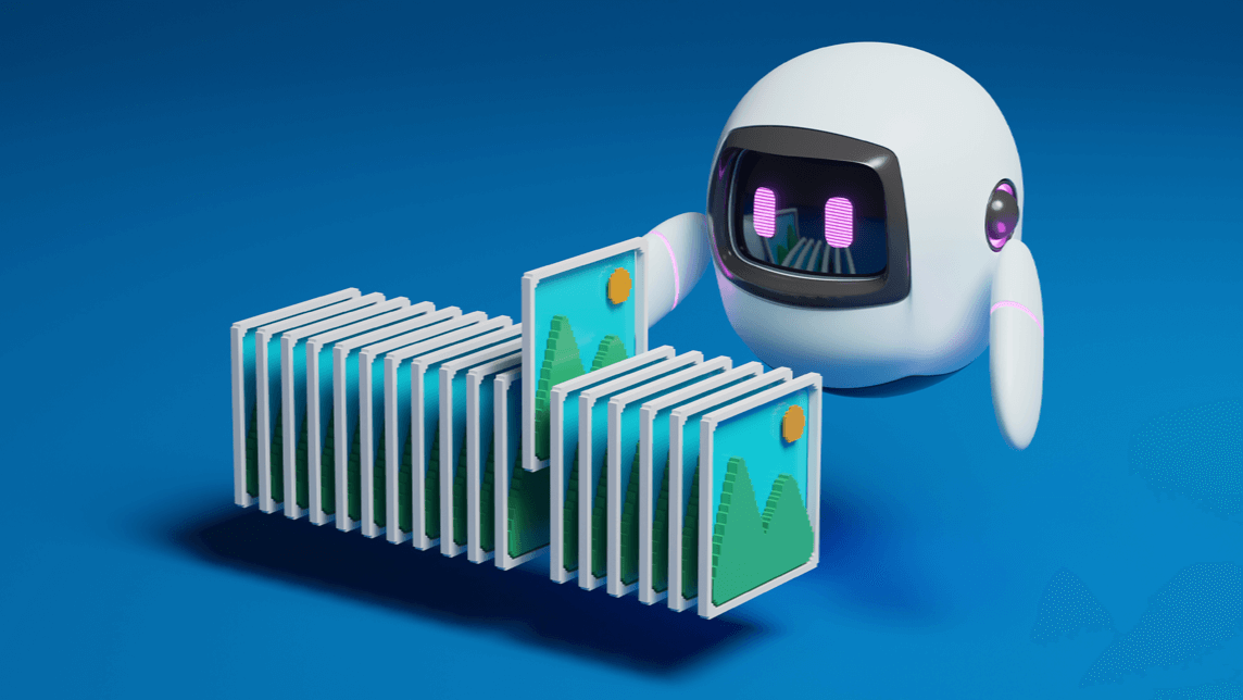 Robot analyzing rows of image thumbnails representing AI and automated accessibility scanning.