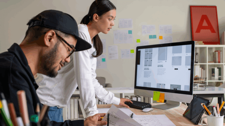 Web designer and developer working together at a desk with layouts on a monitor.