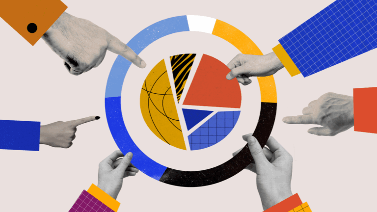 Multiple hands pointing toward a collaborative pie chart with colorful segments.