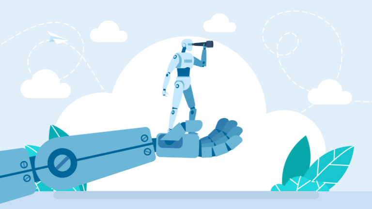 Robot standing on open palm looking through telescope, symbolizing AI discovering and understanding web content.