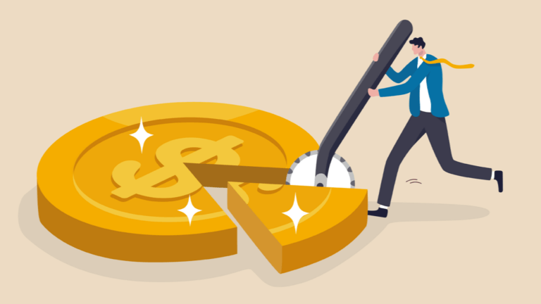 Business professional carving a slice from a large golden coin with dollar sign symbol.