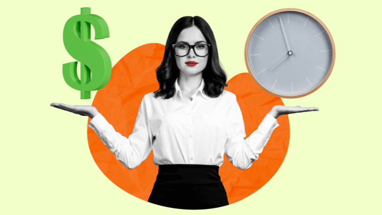 Business professional balancing dollar sign and clock, representing time versus money decision.