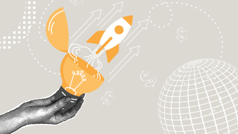 Hand holding illuminated lightbulb with rocket launching upward, symbolizing innovative ideas and business growth.
