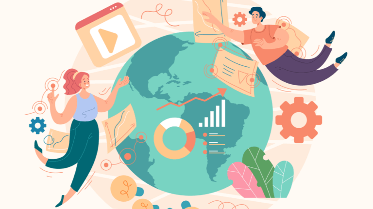 Illustration of two people around a globe with charts, gears, and web elements representing global web accessibility data.