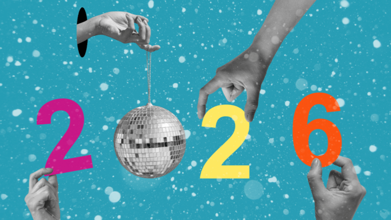 2026 spelled with colorful numbers and a disco ball, held by hands against snowy turquoise background.