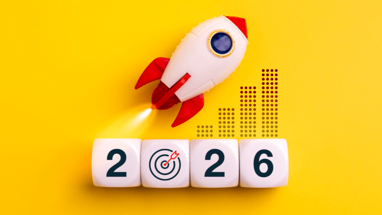 Toy rocket launching upward with ascending bar chart dots and blocks spelling 2026 with target symbol replacing the zero.