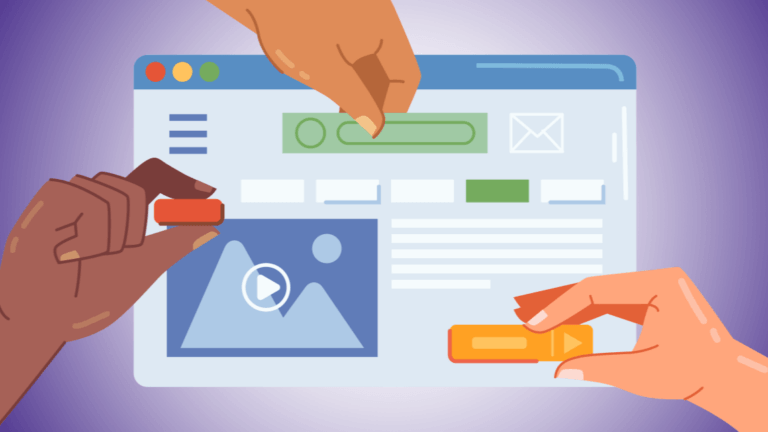 Diverse hands collaboratively assembling website elements, illustrating incremental accessibility improvements.