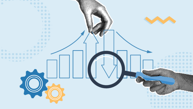 Hands analyzing and adjusting performance metrics with a magnifying glass.