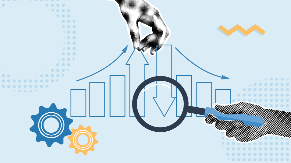 Hands analyzing and adjusting performance metrics with a magnifying glass.