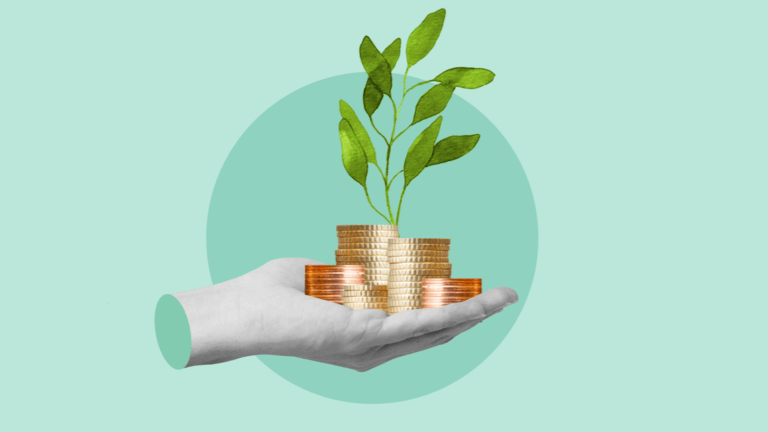 Hand holding gold coins with growing plant symbolizing recurring revenue growth for agencies.