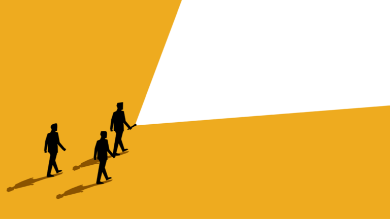 Three silhouetted figures walk upward on an abstract golden landscape toward a bright opening.