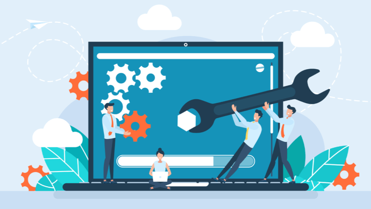 Web developers collaborating to configure browser accessibility settings on a laptop display.