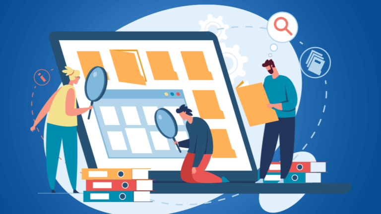 Three people with magnifying glasses examining documents displayed on a large computer screen.