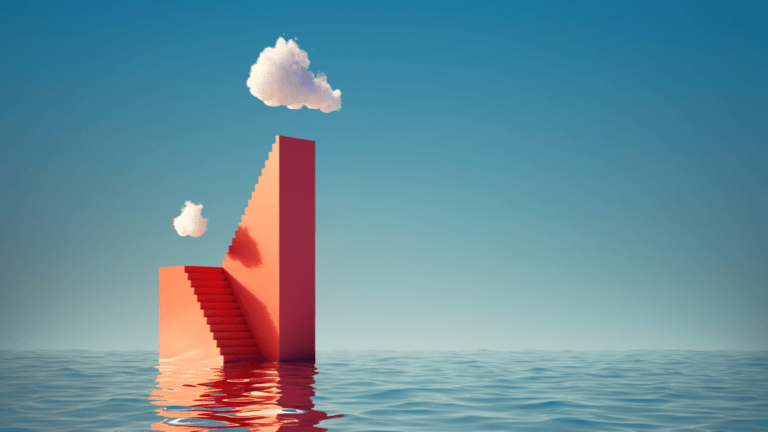 Abstract architectural structure with ascending stairs rising from water, symbolizing growth and elevation.