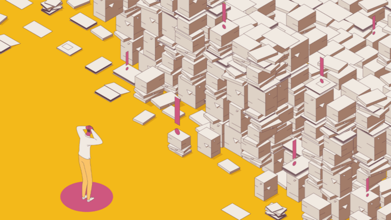 Person viewing overwhelming wall of stacked documents and folders representing complex audit workload.