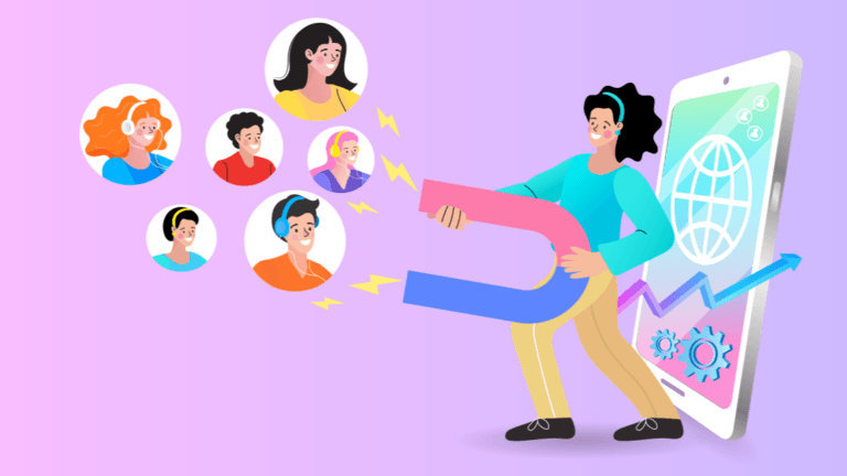 Illustration of a person emerging from a smartphone screen, holding a large magnet that attracts diverse people, representing website user conversion