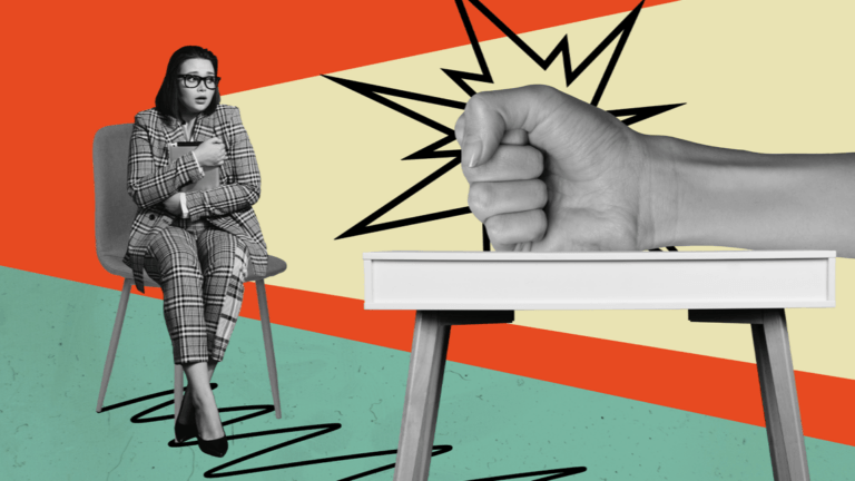Collage-style illustration of a startled woman in a chair as an oversized fist slams a desk, conveying the tension of a difficult client conversation.