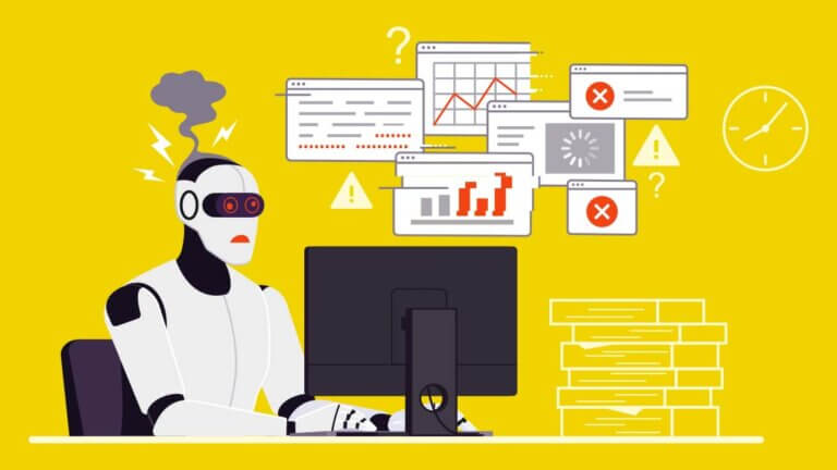Illustration of a robot working at a computer testing a website and short circuiting.