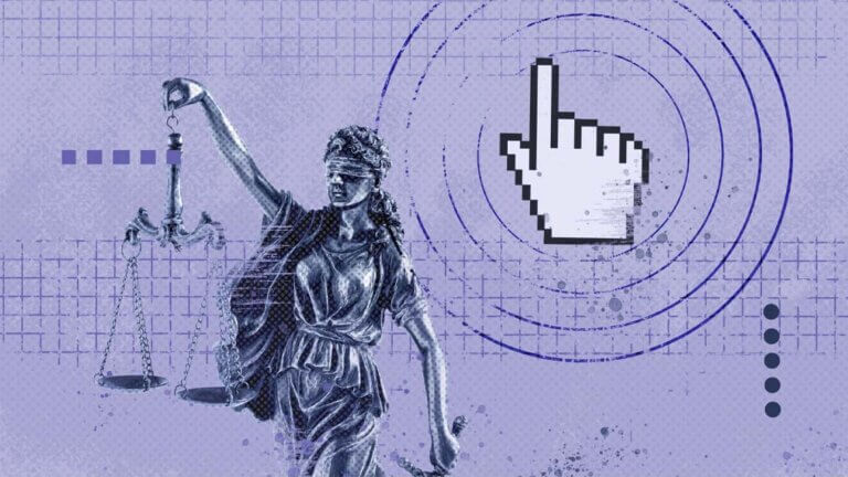 Lady Justice statue beside a pixelated cursor icon, representing the intersection of legal accountability and digital accessibility.
